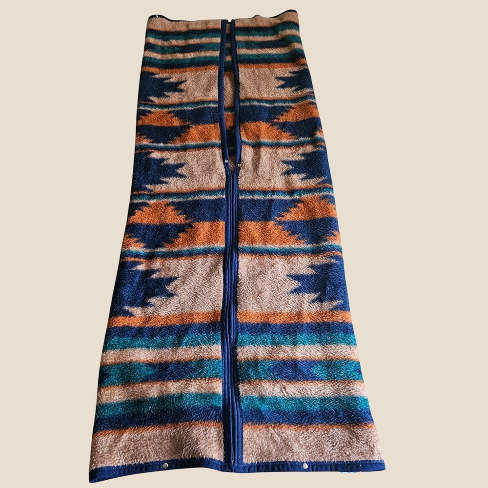 Vintage Biederlack Wearable Blanket Zipper Snap Southwestern Aztec Blue Orange